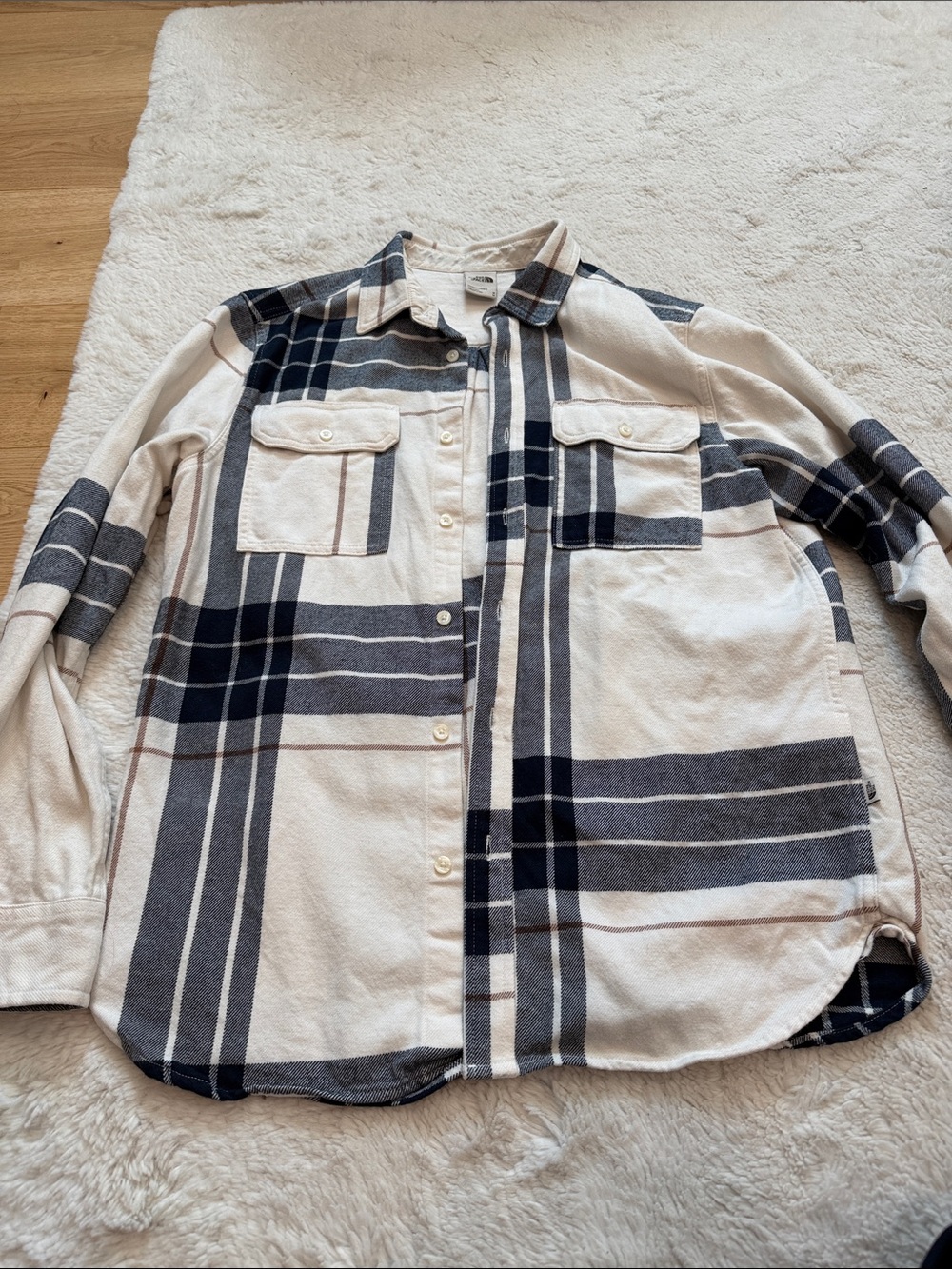 The North Face mens Cream, Navy & Brown Plaid Button Flannel Shirt